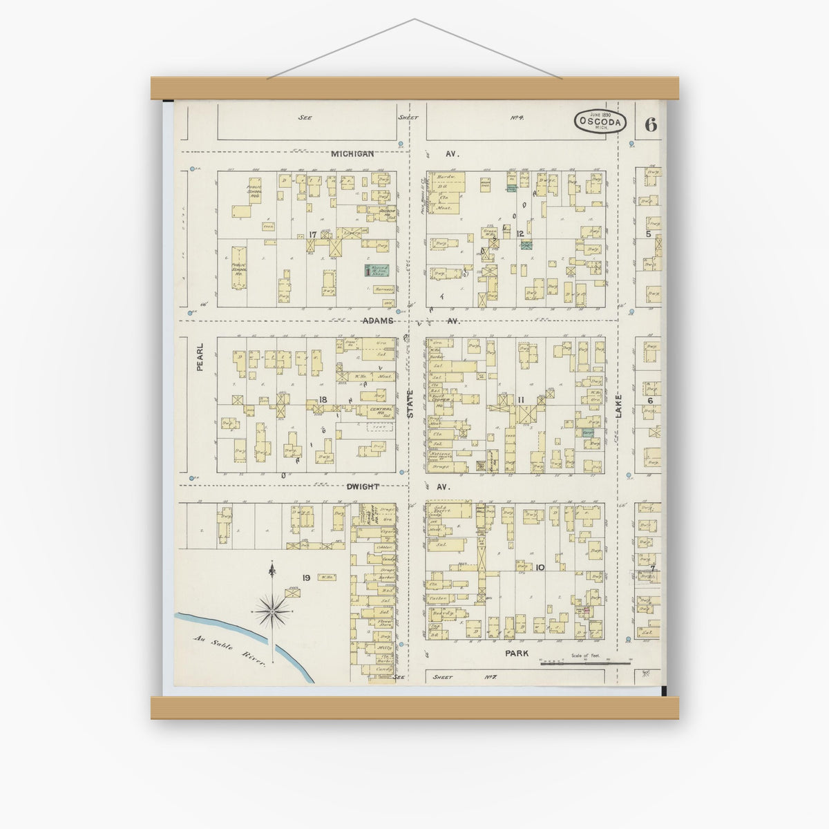 Old map wall art mockup — magnetic wood frame on white wall — Sanborn Fire Insurance Map from Oscoda, Iosco County, Michigan (1890), Sheet #0006