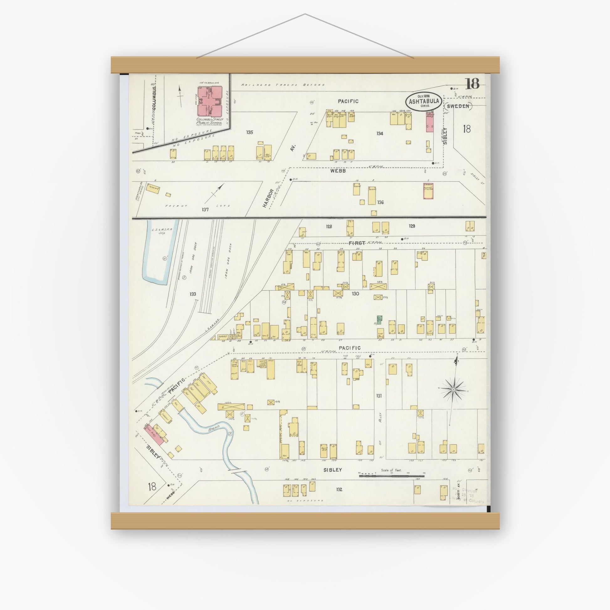 Old map wall art mockup — magnetic wood frame on white wall — Sanborn Fire Insurance Map from Ashtabula, Ashtabula County, Ohio (1898), Sheet #0018