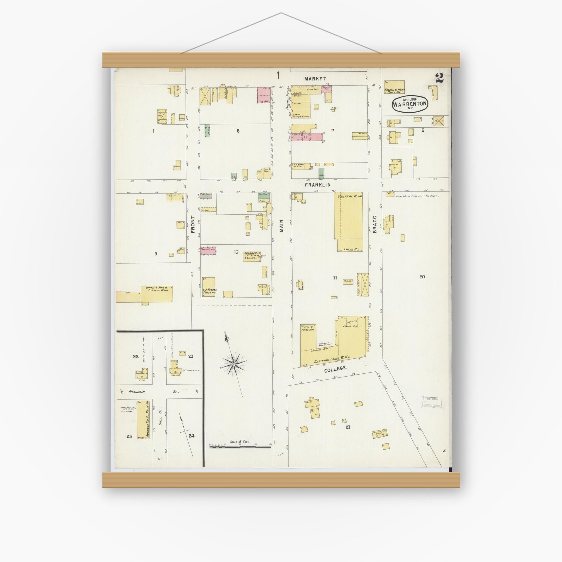 Old map wall art mockup — magnetic wood frame on white wall — Sanborn Fire Insurance Map from Warrenton, Warren County, North Carolina (1896), Sheet #0002