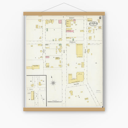 Old map wall art mockup — magnetic wood frame on white wall — Sanborn Fire Insurance Map from Warrenton, Warren County, North Carolina (1896), Sheet #0002