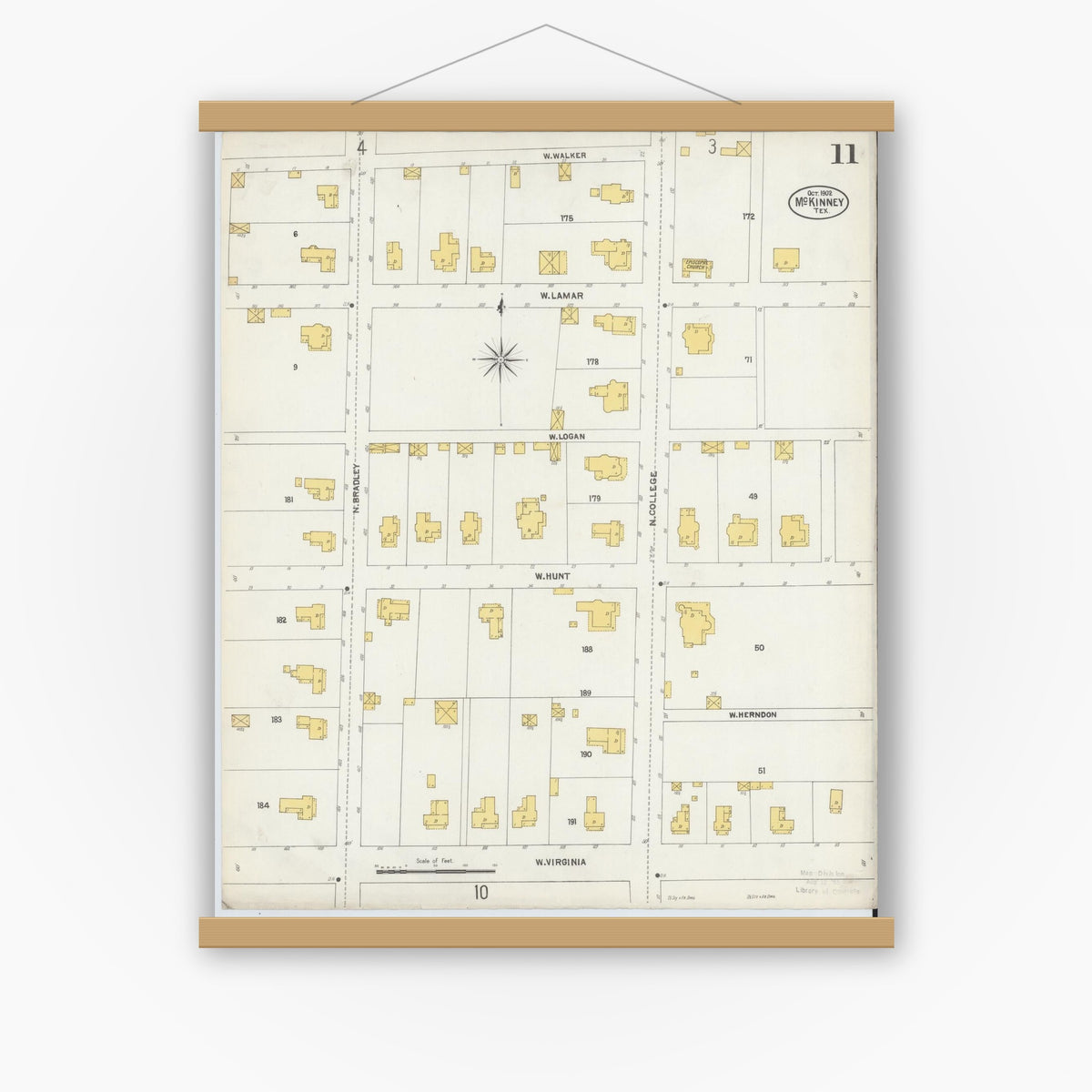 Old map wall art mockup — magnetic wood frame on white wall — Sanborn Fire Insurance Map from McKinney, Collin County, Texas (1902), Sheet #0011