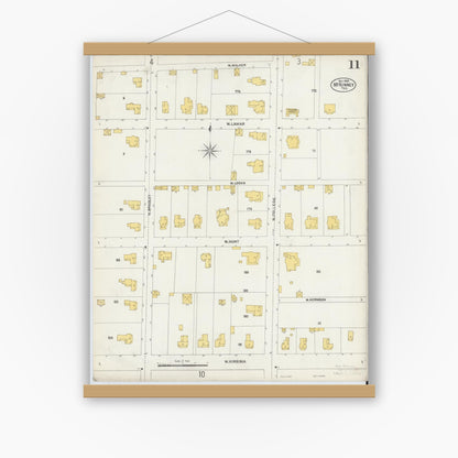 Old map wall art mockup — magnetic wood frame on white wall — Sanborn Fire Insurance Map from McKinney, Collin County, Texas (1902), Sheet #0011