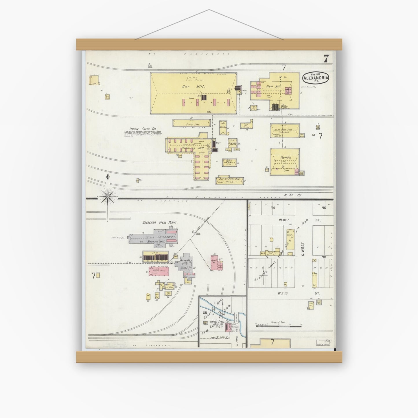 Old map wall art mockup — magnetic wood frame on white wall — Sanborn Fire Insurance Map from Alexandria, Madison County, Indiana (1896), Sheet #0007