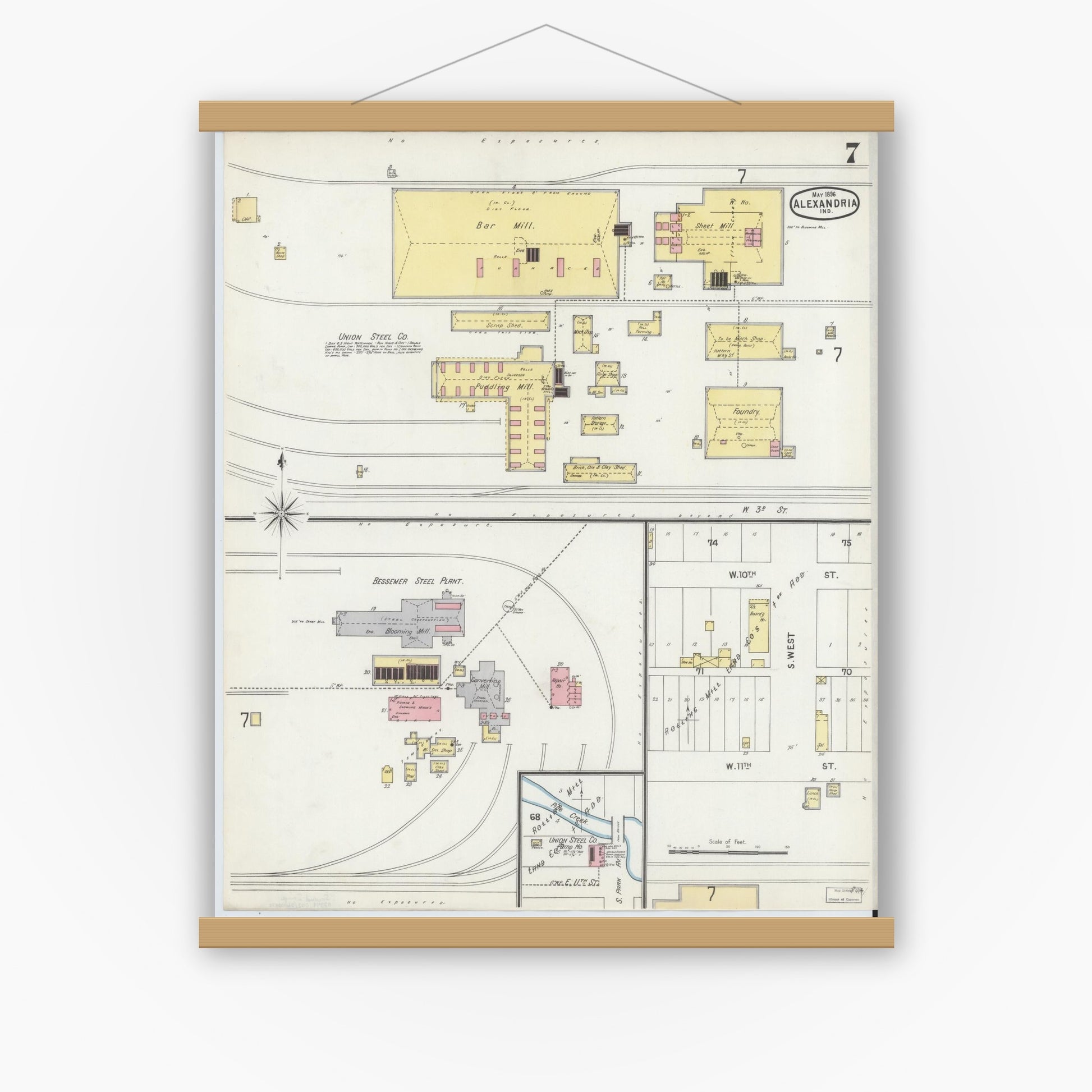 Old map wall art mockup — magnetic wood frame on white wall — Sanborn Fire Insurance Map from Alexandria, Madison County, Indiana (1896), Sheet #0007