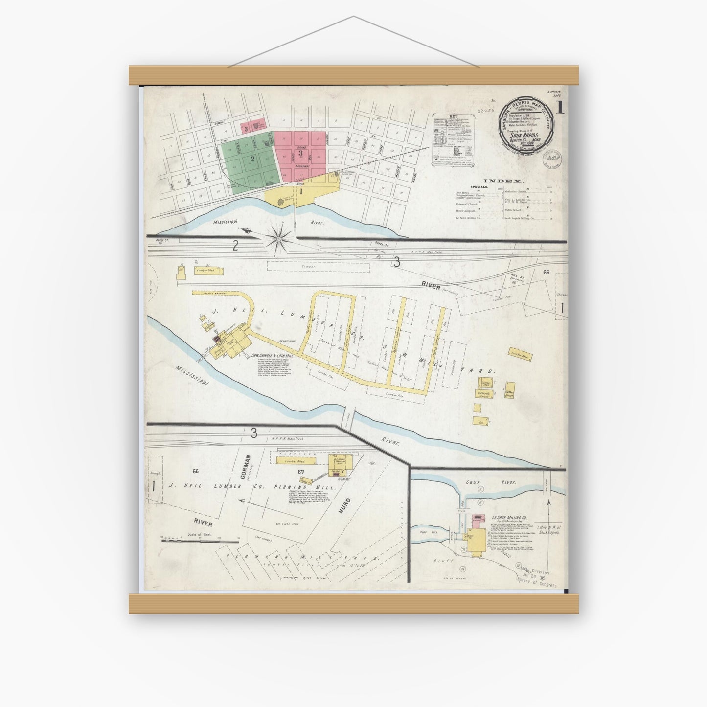 Old map wall art mockup — magnetic wood frame on white wall — Sanborn Fire Insurance Map from Sauk Rapids, Benton County, Minnesota (1899), Sheet #0001