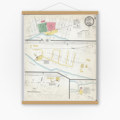 Old map wall art mockup — magnetic wood frame on white wall — Sanborn Fire Insurance Map from Sauk Rapids, Benton County, Minnesota (1899), Sheet #0001