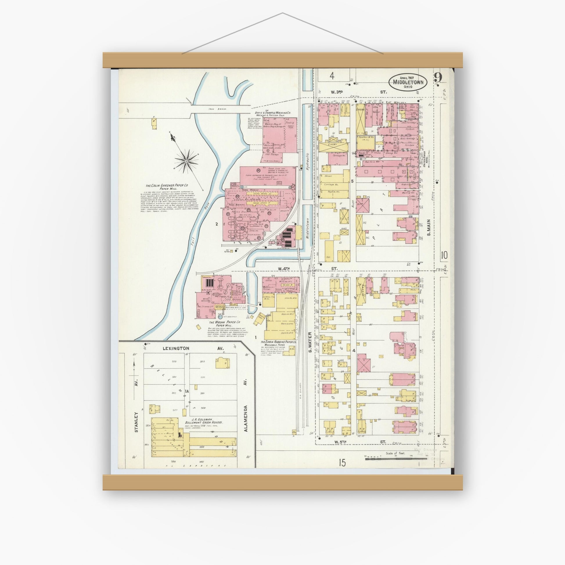 Old map wall art mockup — magnetic wood frame on white wall — Sanborn Fire Insurance Map from Middletown, Butler County, Ohio (1907), Sheet #0009