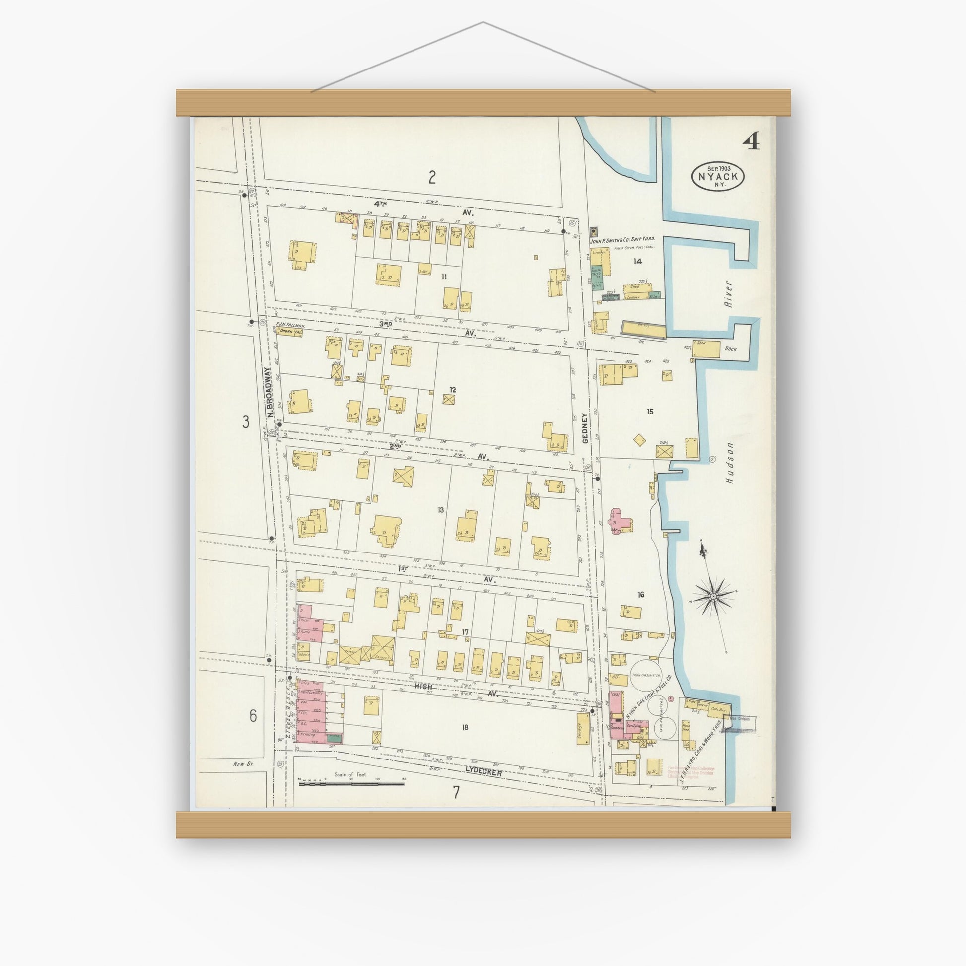 Old map wall art mockup — magnetic wood frame on white wall — Sanborn Fire Insurance Map from Nyack, Rockland County, New York. (1903), Sheet #0004