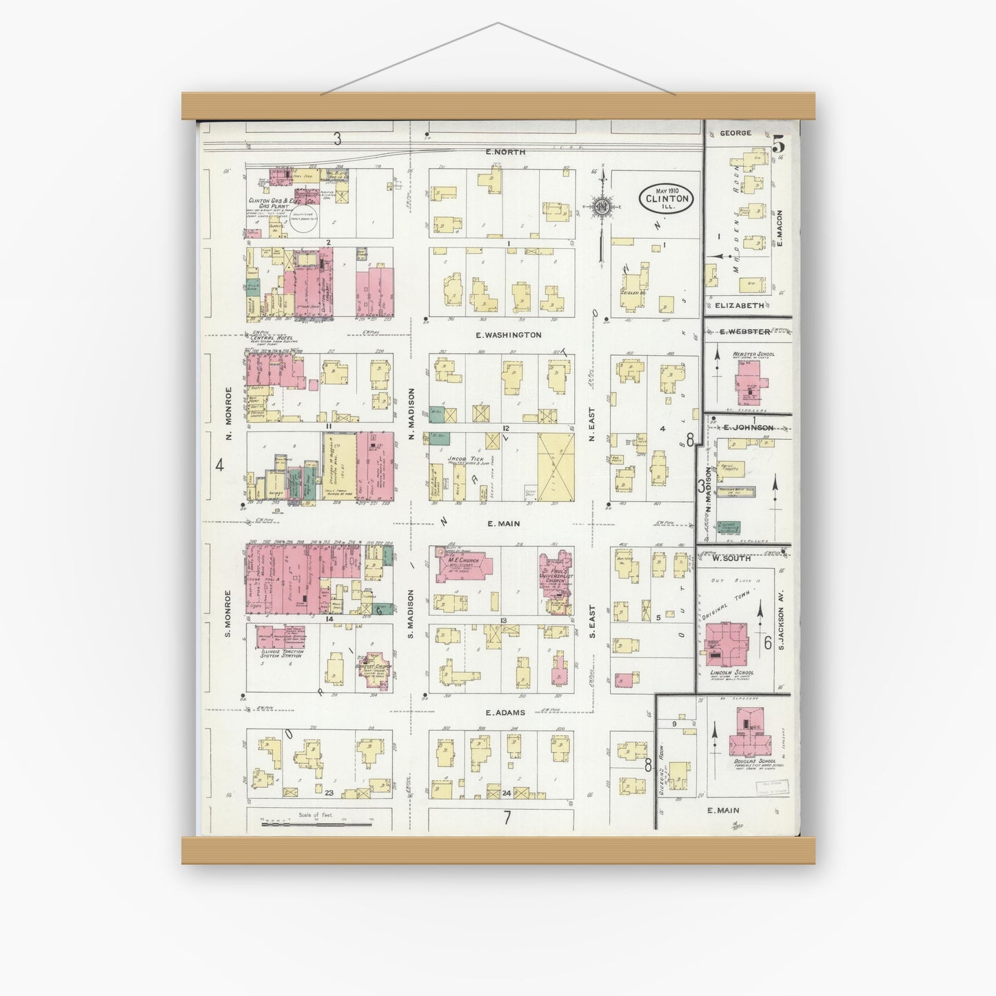 Old map wall art mockup — magnetic wood frame on white wall — Sanborn Fire Insurance Map from Clinton, De Witt County, Illinois (1910), Sheet #0005