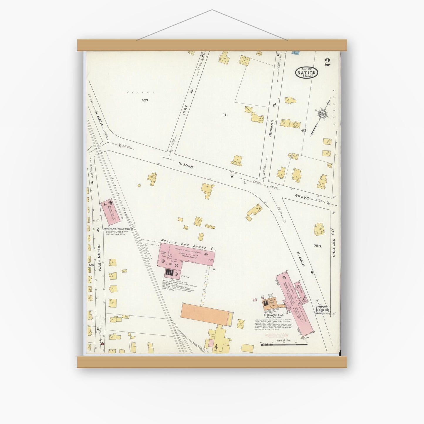 Old map wall art mockup — magnetic wood frame on white wall — Sanborn Fire Insurance Map from Natick, Middlesex County, Massachusetts (1915), Sheet #0002
