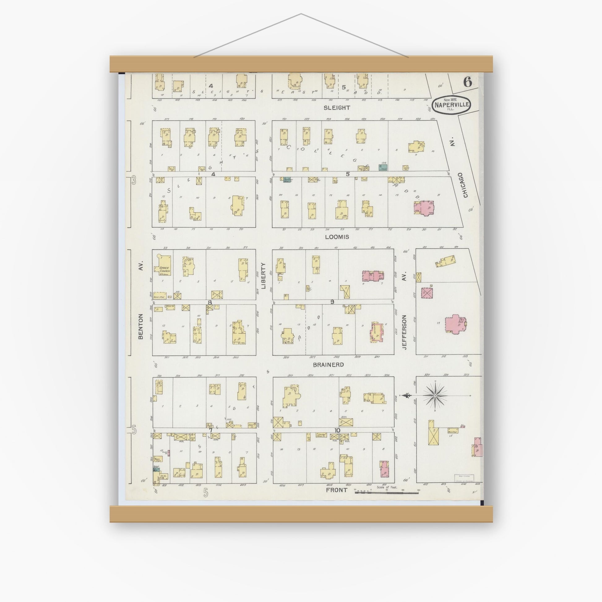 Old map wall art mockup — magnetic wood frame on white wall — Sanborn Fire Insurance Map from Naperville, Du Page County, Illinois (1892), Sheet #0006