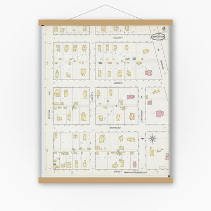 Old map wall art mockup — magnetic wood frame on white wall — Sanborn Fire Insurance Map from Naperville, Du Page County, Illinois (1892), Sheet #0006