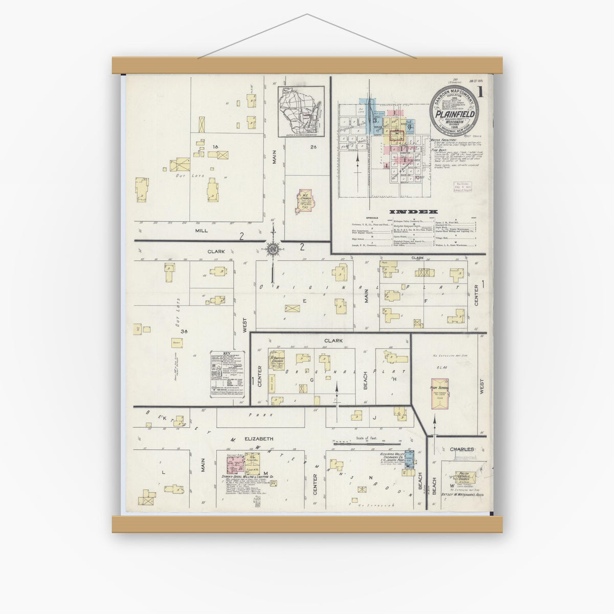 Old map wall art mockup — magnetic wood frame on white wall — Sanborn Fire Insurance Map from Plainfield, Waushara County, Wisconsin (1914) - Complete Map Set
