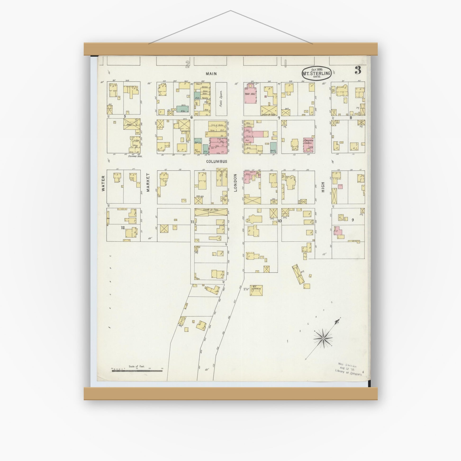 Old map wall art mockup — magnetic wood frame on white wall — Sanborn Fire Insurance Map from Mount Sterling, Madison County, Ohio (1895), Sheet #0003