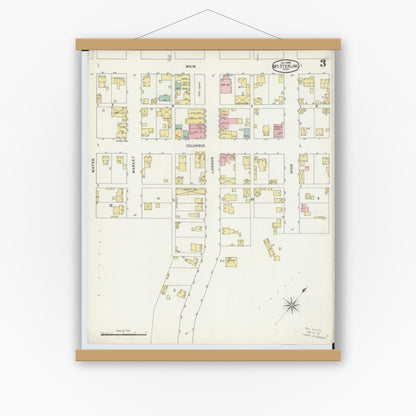 Old map wall art mockup — magnetic wood frame on white wall — Sanborn Fire Insurance Map from Mount Sterling, Madison County, Ohio (1895), Sheet #0003