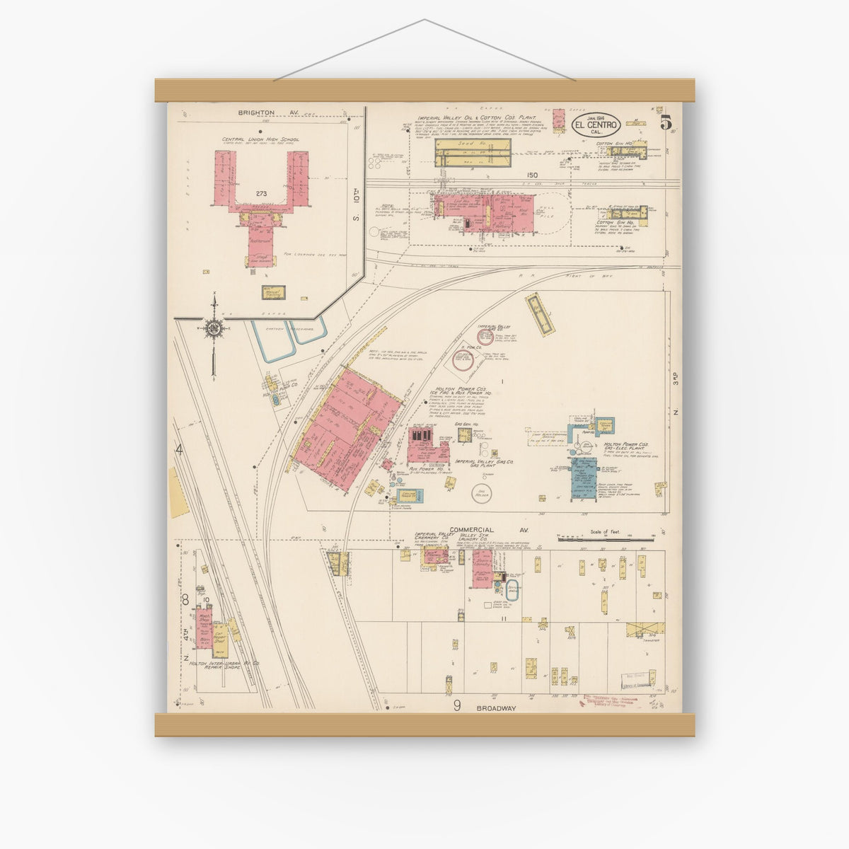 Old map wall art mockup — magnetic wood frame on white wall — Sanborn Fire Insurance Map from El Centro, Imperial County, California (1914), Sheet #0005