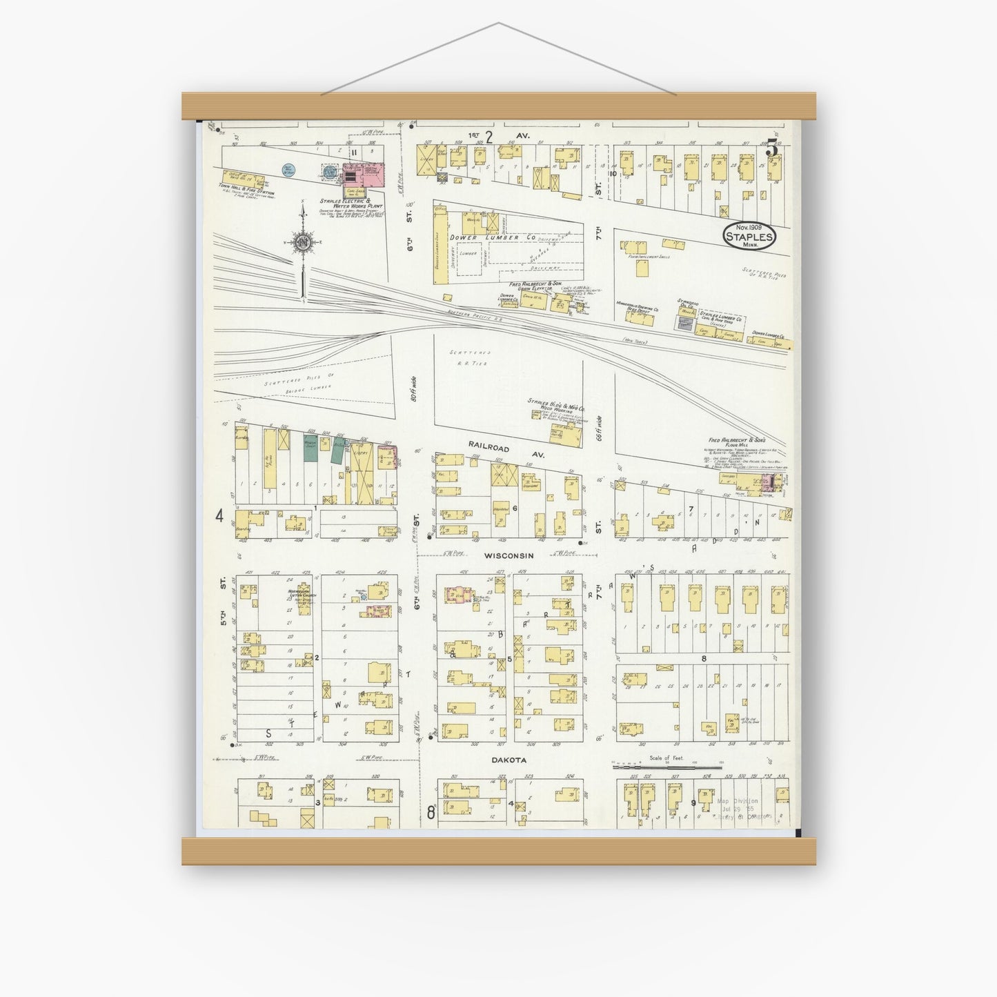 Old map wall art mockup — magnetic wood frame on white wall — Sanborn Fire Insurance Map from Staples, Todd County, Minnesota (1909), Sheet #0005