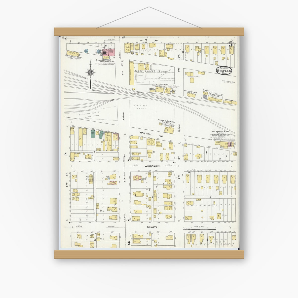 Old map wall art mockup — magnetic wood frame on white wall — Sanborn Fire Insurance Map from Staples, Todd County, Minnesota (1909), Sheet #0005