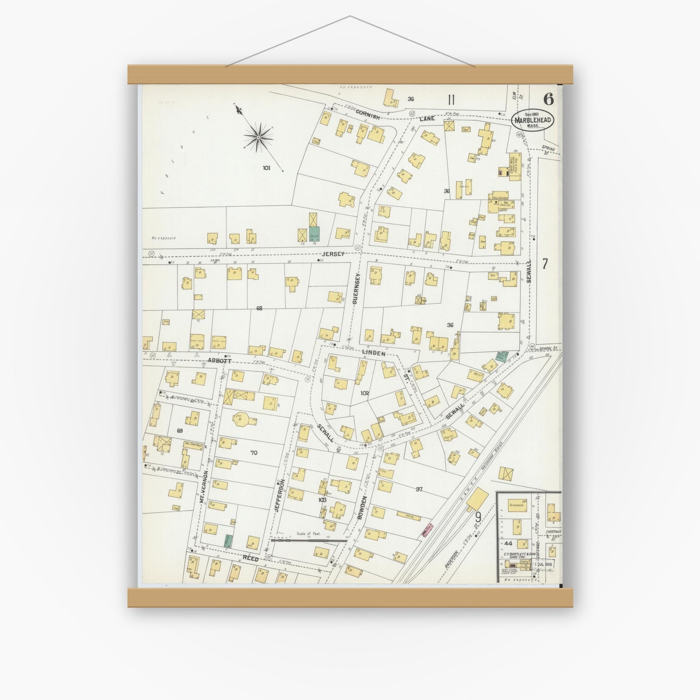 Old map wall art mockup — magnetic wood frame on white wall — Sanborn Fire Insurance Map from Marblehead, Essex County, Massachusetts (1901), Sheet #0006