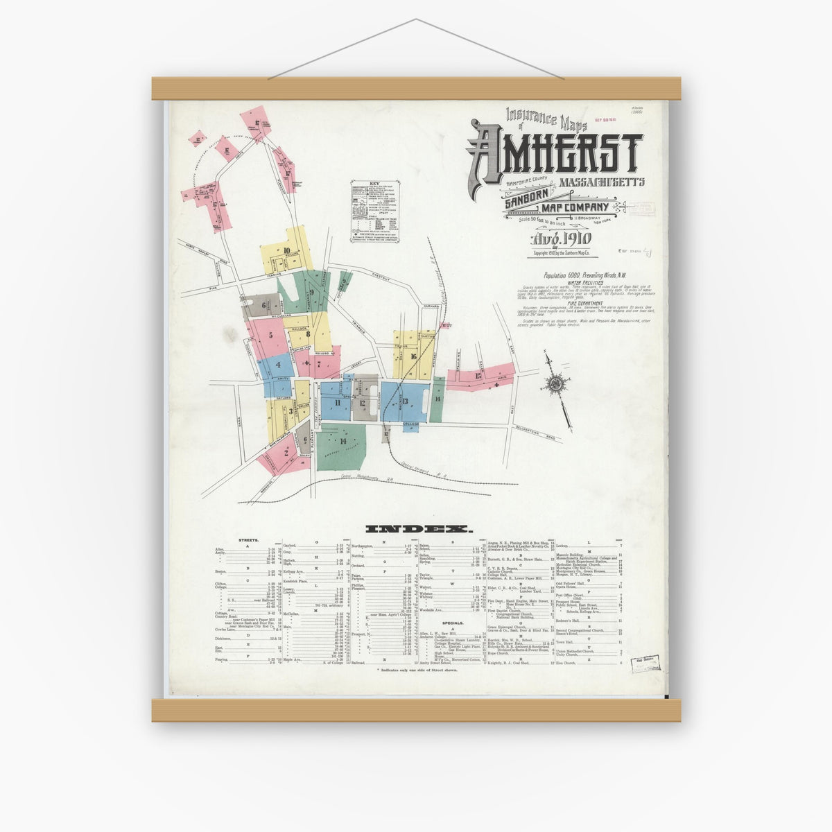 Old map wall art mockup — magnetic wood frame on white wall — Sanborn Fire Insurance Map from Amherst, Hampshire County, Massachusetts (1910), Sheet #0001