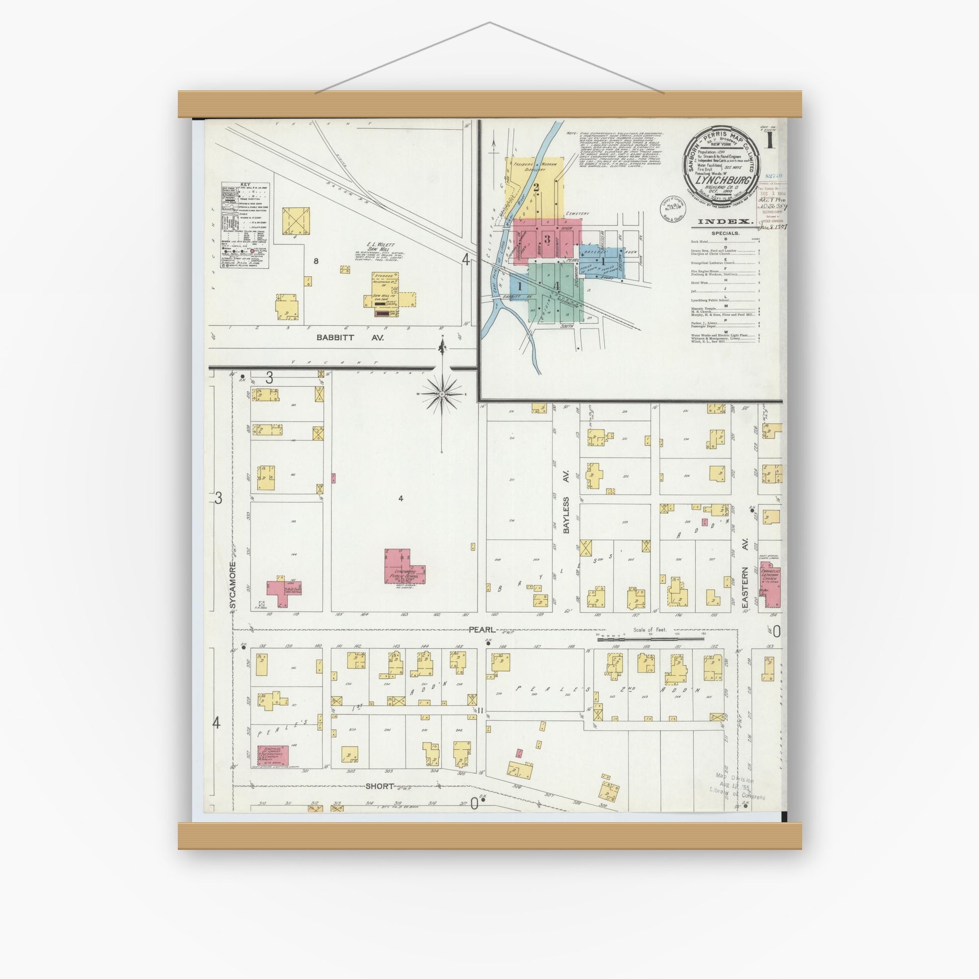 Old map wall art mockup — magnetic wood frame on white wall — Sanborn Fire Insurance Map from Lynchburg, Highland County, Ohio (1900), Sheet #0001