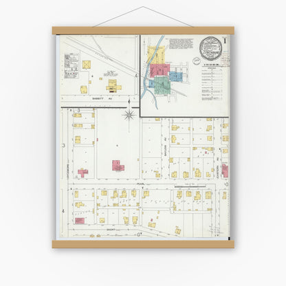 Old map wall art mockup — magnetic wood frame on white wall — Sanborn Fire Insurance Map from Lynchburg, Highland County, Ohio (1900), Sheet #0001