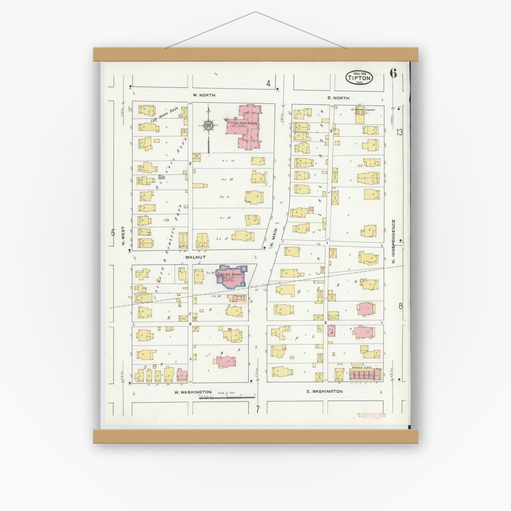 Old map wall art mockup — magnetic wood frame on white wall — Sanborn Fire Insurance Map from Tipton, Tipton County, Indiana (1915), Sheet #0006