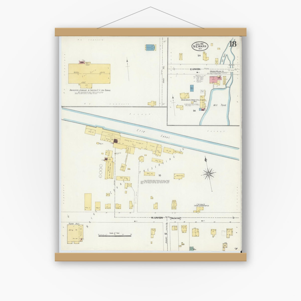 Old map wall art mockup — magnetic wood frame on white wall — Sanborn Fire Insurance Map from Newark, Wayne County, New York (1906), Sheet #0018