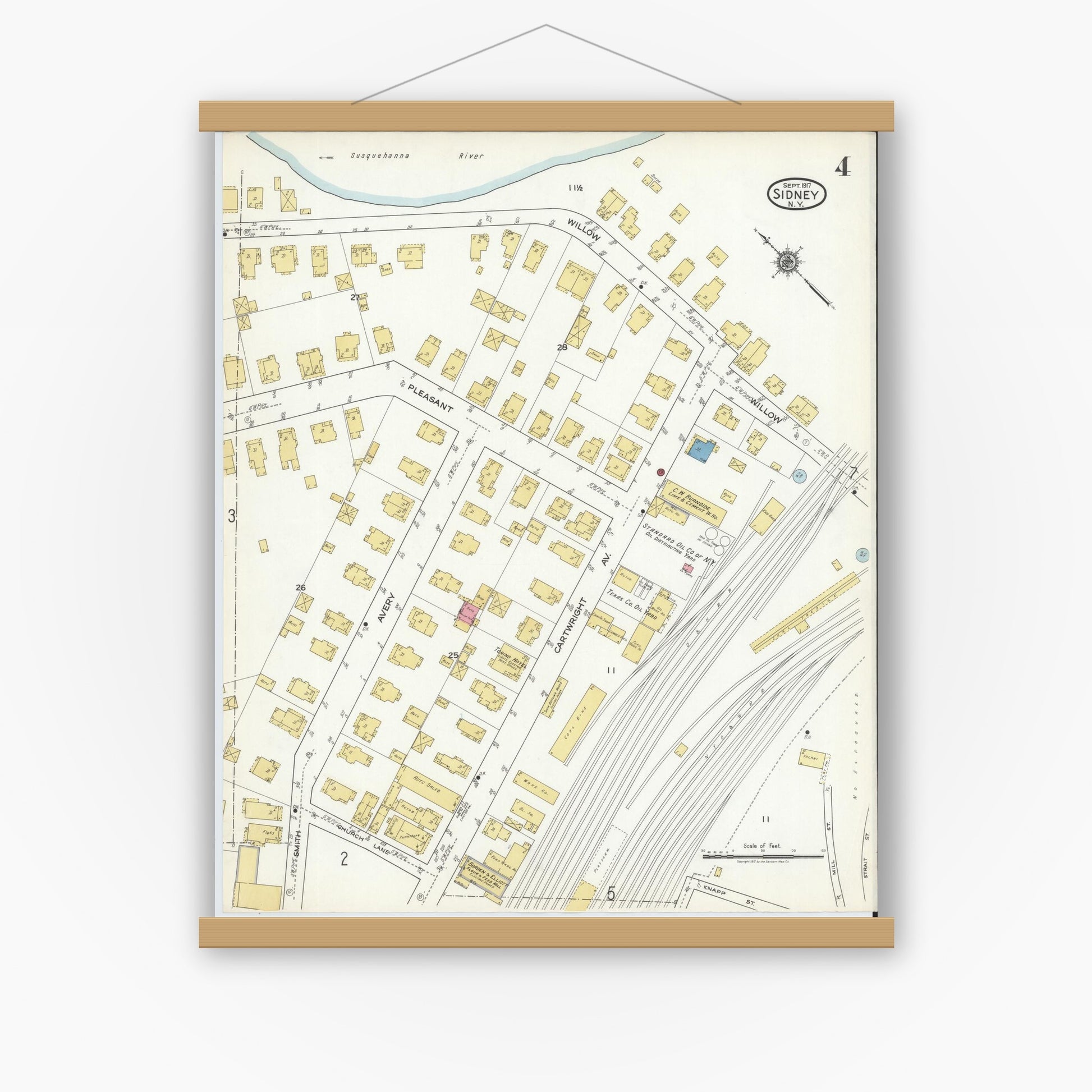 Old map wall art mockup — magnetic wood frame on white wall — Sanborn Fire Insurance Map from Sidney, Delaware County, New York (1917), Sheet #0004