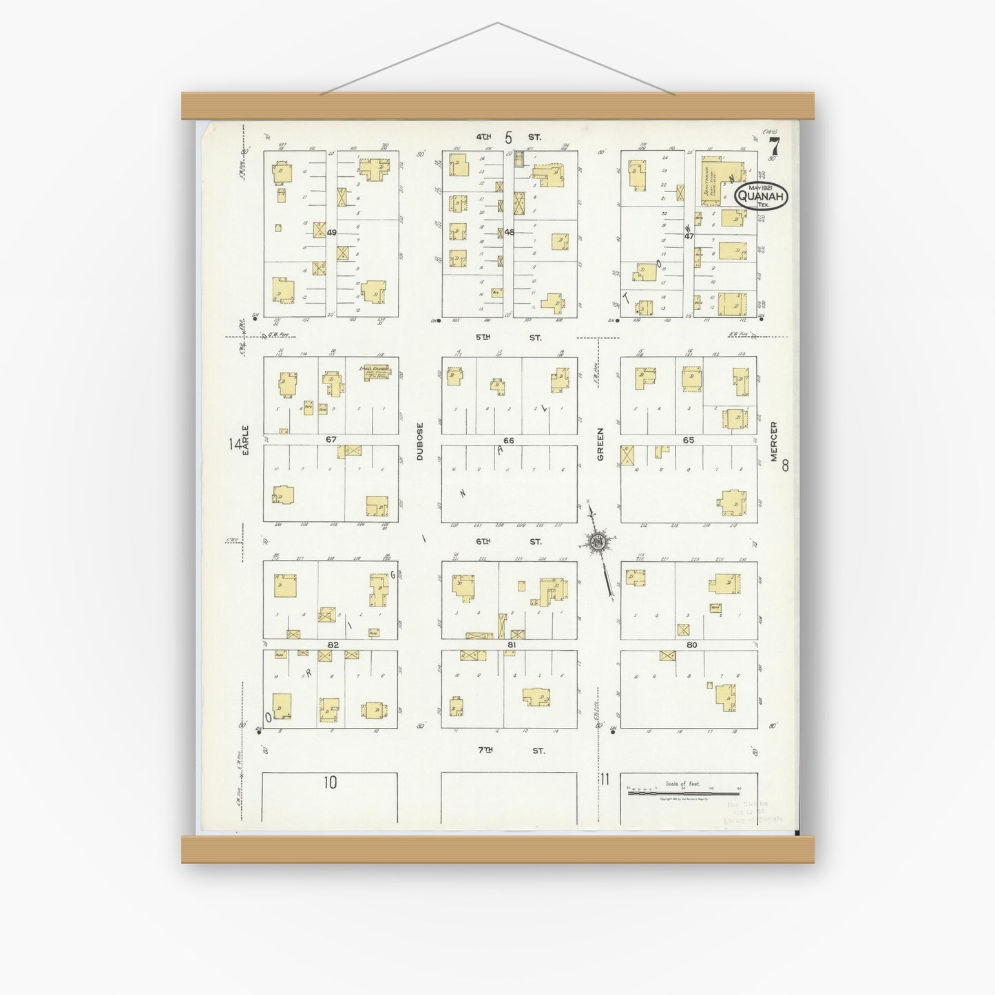 Old map wall art mockup — magnetic wood frame on white wall — Sanborn Fire Insurance Map from Quanah, Hardeman County, Texas (1921), Sheet #0007