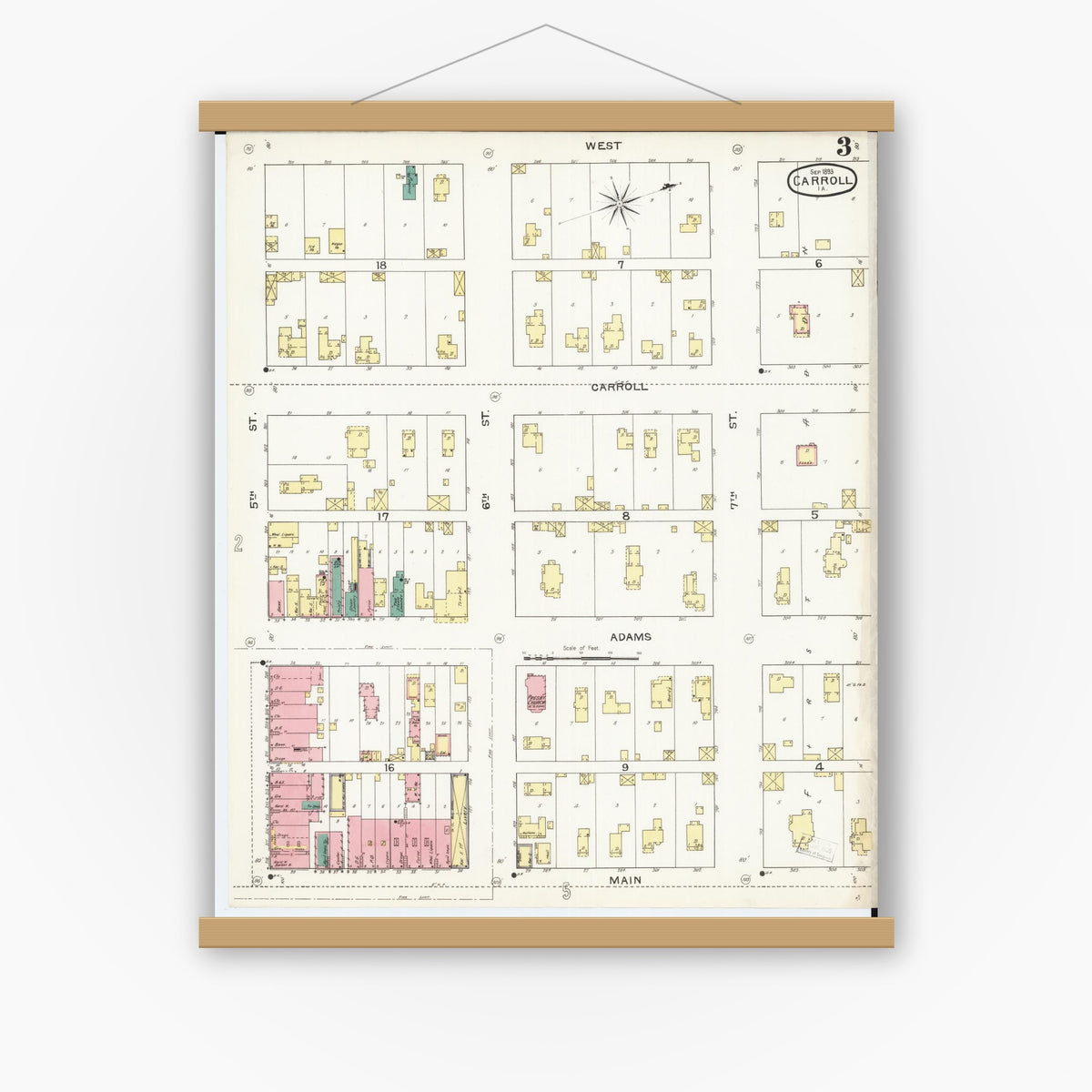 Old map wall art mockup — magnetic wood frame on white wall — Sanborn Fire Insurance Map from Carroll, Carroll County, Iowa (1893), Sheet #0003