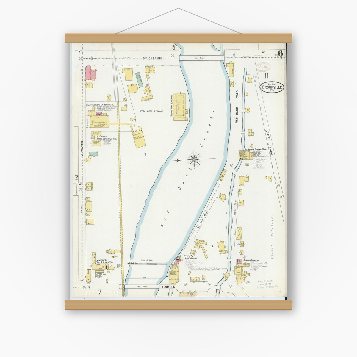 Old map wall art mockup — magnetic wood frame on white wall — Sanborn Fire Insurance Map from Brookville, Jefferson County, Pennsylvania (1899), Sheet #0006