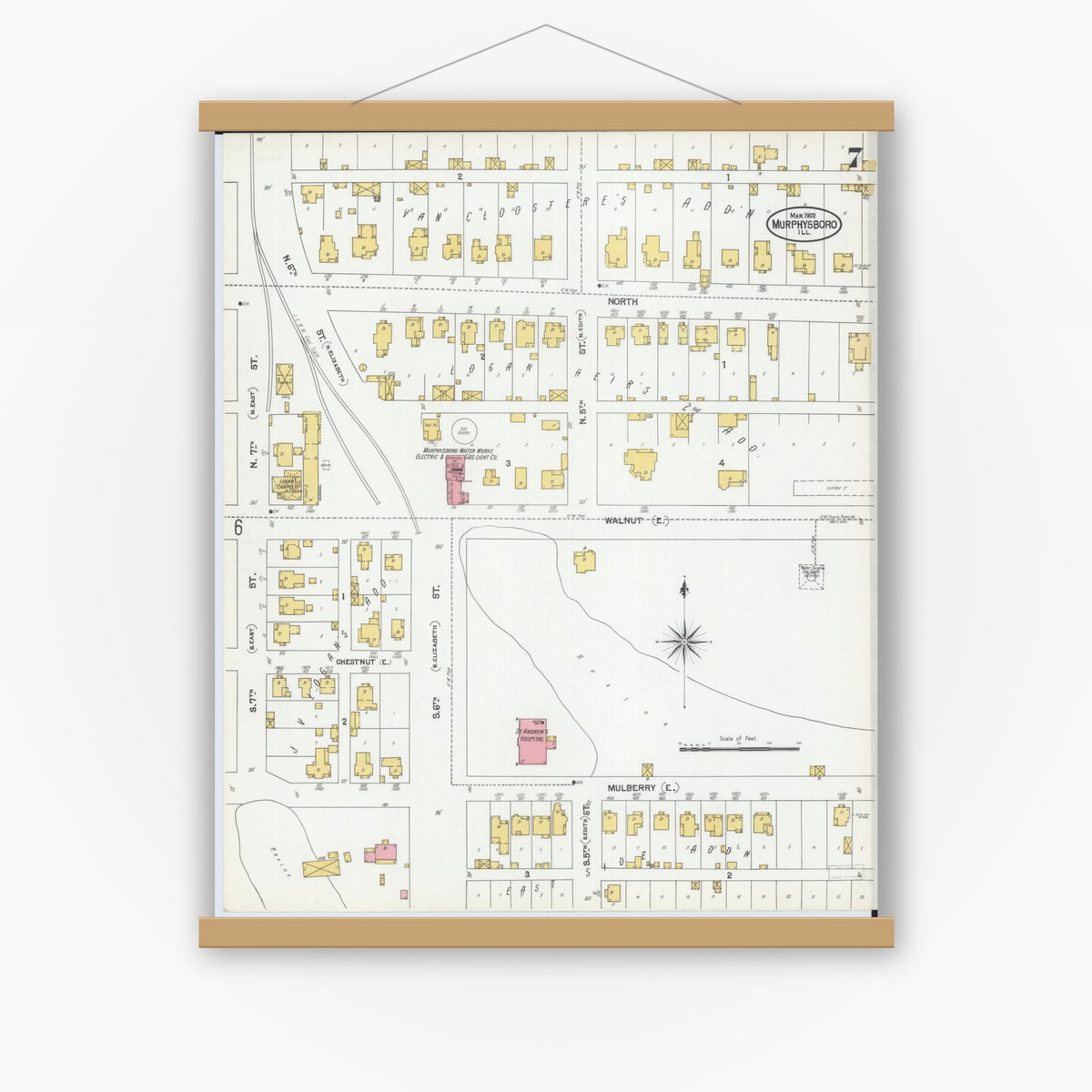 Old map wall art mockup — magnetic wood frame on white wall — Sanborn Fire Insurance Map from Murphysboro, Jackson County, Illinois (1902), Sheet #0007