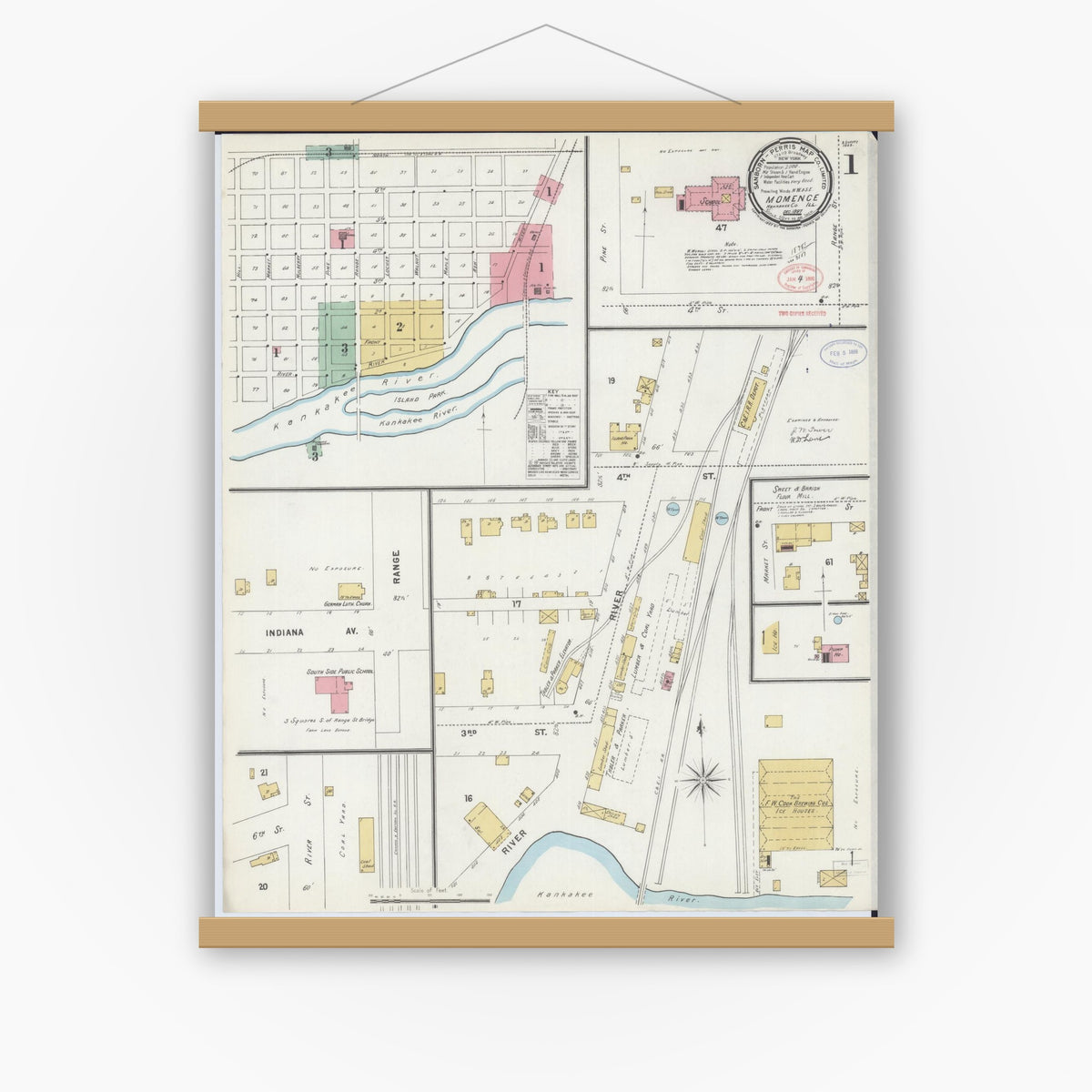 Old map wall art mockup — magnetic wood frame on white wall — Sanborn Fire Insurance Map from Momence, Kankakee County, Illinois (1897) - Complete Map Set