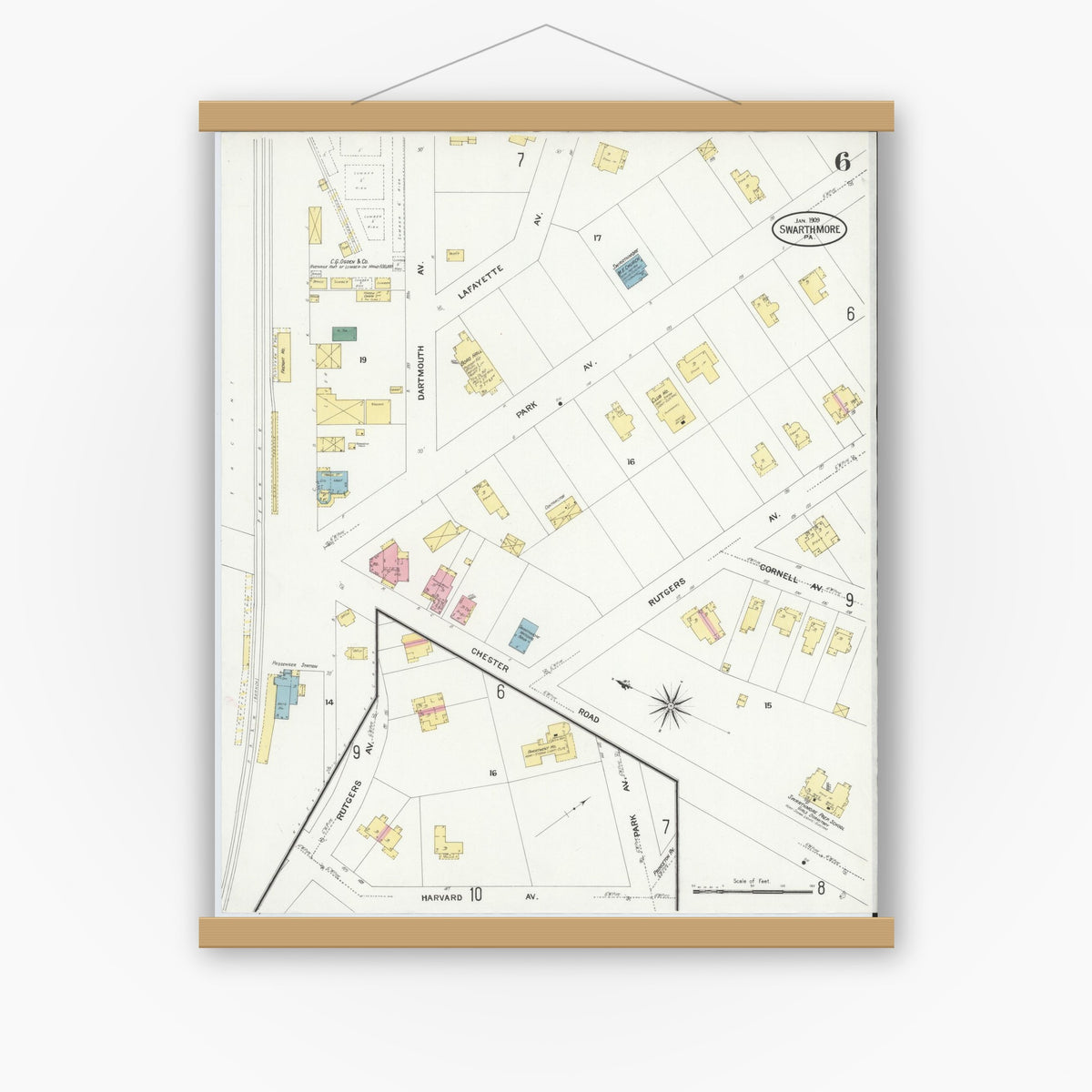 Old map wall art mockup — magnetic wood frame on white wall — Sanborn Fire Insurance Map from Swarthmore, Delaware County, Pennsylvania (1909), Sheet #0006