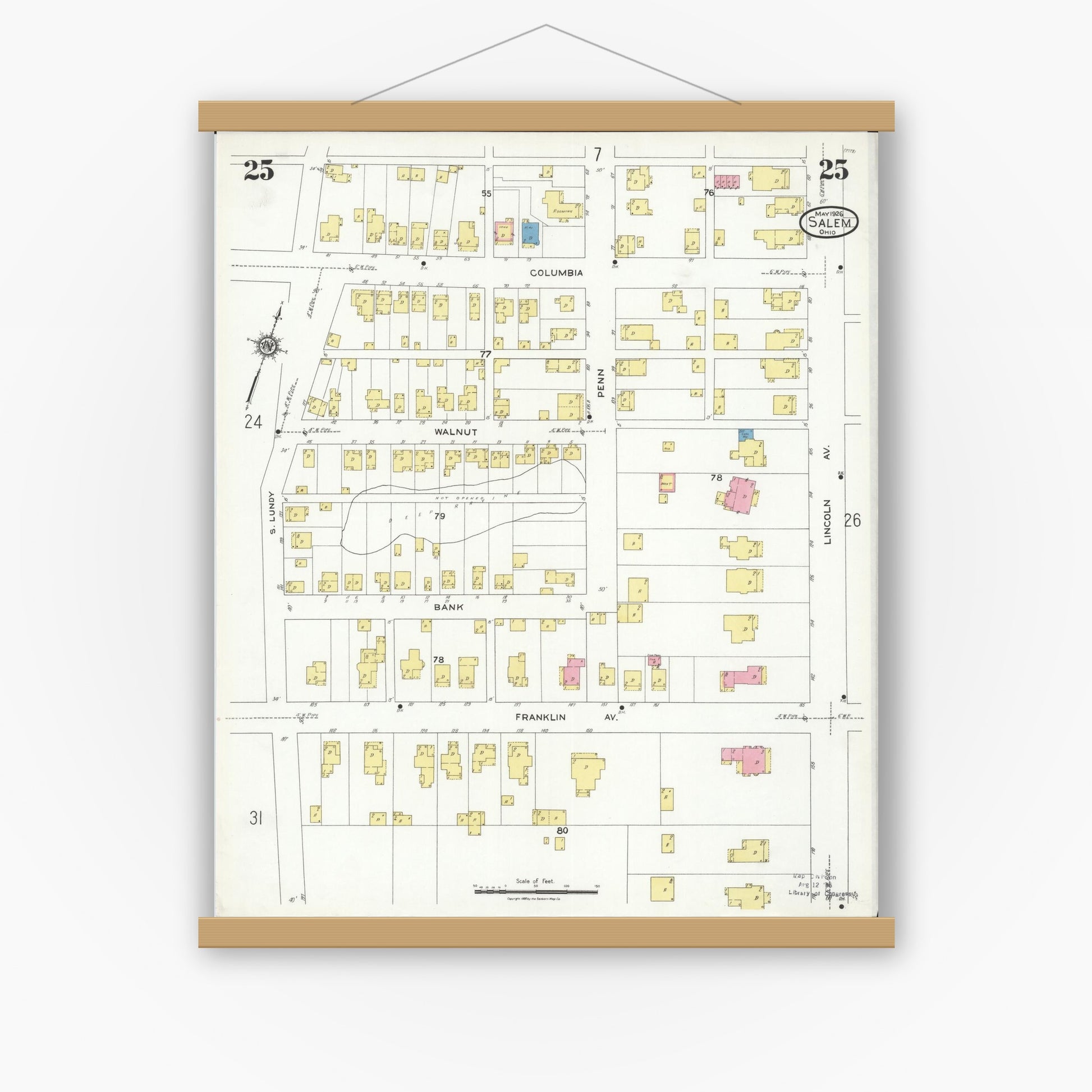 Old map wall art mockup — magnetic wood frame on white wall — Sanborn Fire Insurance Map from Salem, Columbiana County, Ohio (1926), Sheet #0025