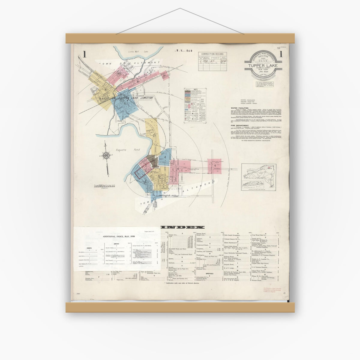 Old map wall art mockup — magnetic wood frame on white wall — Sanborn Fire Insurance Map from Tupper Lake, Franklin County, New York (1950) - Complete Map Set