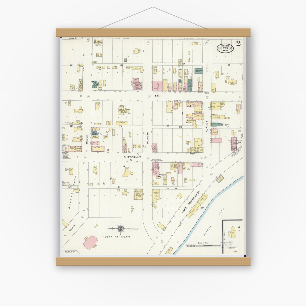 Old map wall art mockup — magnetic wood frame on white wall — Sanborn Fire Insurance Map from Buffalo, Wright County, Minnesota (1909), Sheet #0002