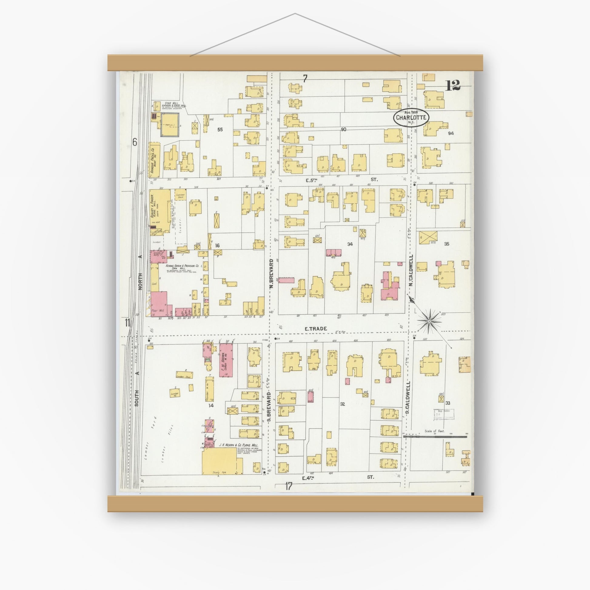 Old map wall art mockup — magnetic wood frame on white wall — Sanborn Fire Insurance Map from Charlotte, Mecklenburg County, North Carolina (1900), Sheet #0012