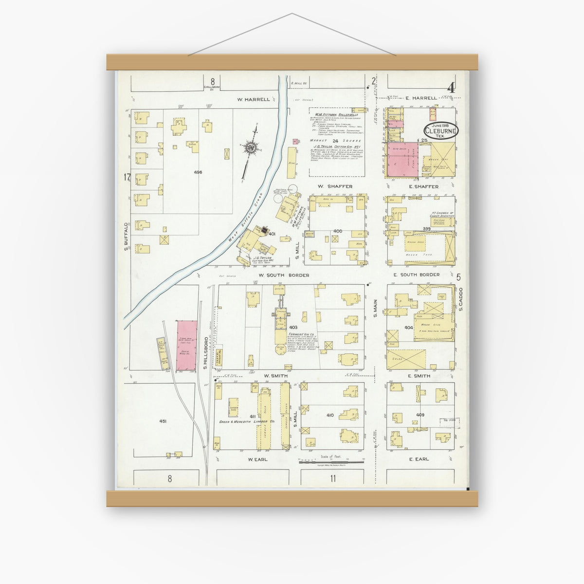 Old map wall art mockup — magnetic wood frame on white wall — Sanborn Fire Insurance Map from Cleburne, Johnson County, Texas (1918), Sheet #0004