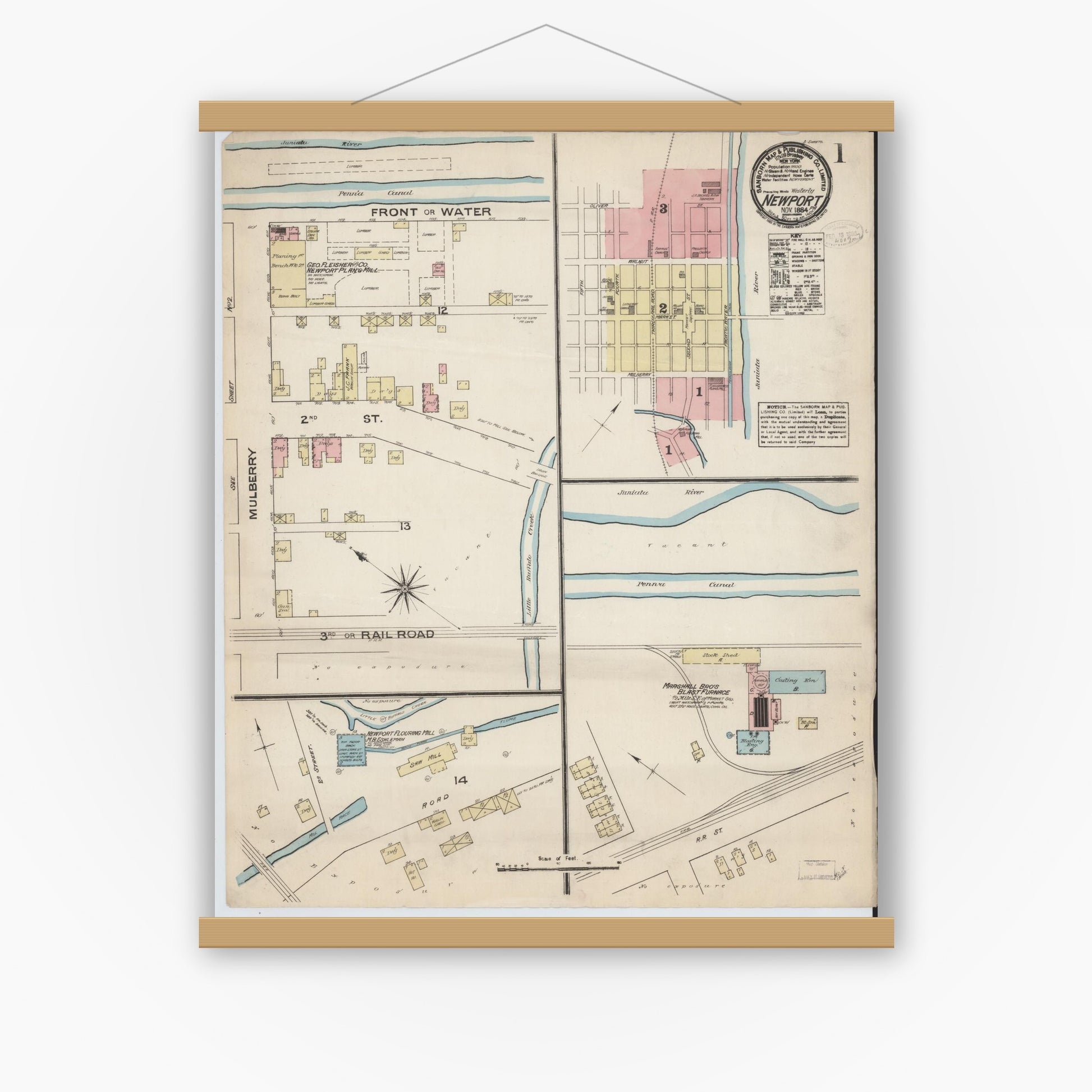 Old map wall art mockup — magnetic wood frame on white wall — Sanborn Fire Insurance Map from Newport, Perry County, Pennsylvania (1884) - Complete Map Set