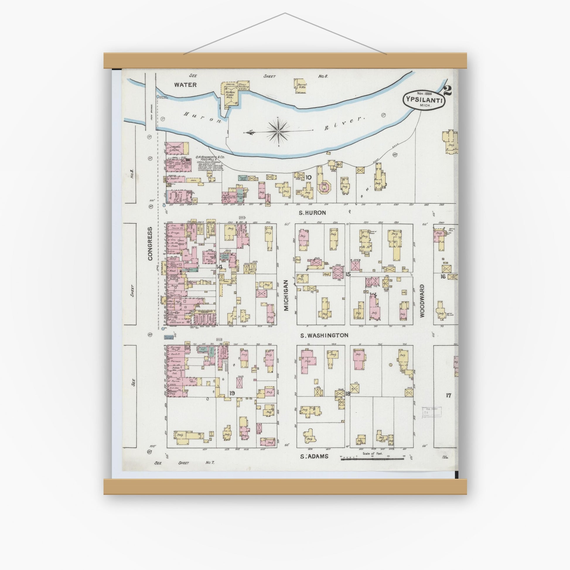 Old map wall art mockup — magnetic wood frame on white wall — Sanborn Fire Insurance Map from Ypsilanti, Washtenaw County, Michigan (1888), Sheet #0002
