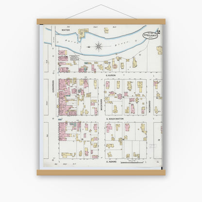 Old map wall art mockup — magnetic wood frame on white wall — Sanborn Fire Insurance Map from Ypsilanti, Washtenaw County, Michigan (1888), Sheet #0002