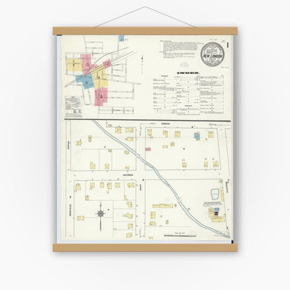 Old map wall art mockup — magnetic wood frame on white wall — Sanborn Fire Insurance Map from New London, Huron County, Ohio (1911) - Complete Map Set