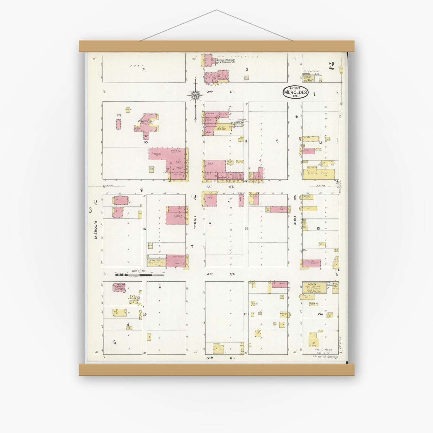 Old map wall art mockup — magnetic wood frame on white wall — Sanborn Fire Insurance Map from Mercedes, Hidalgo County, Texas (1917), Sheet #0002