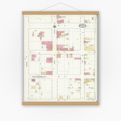 Old map wall art mockup — magnetic wood frame on white wall — Sanborn Fire Insurance Map from Mercedes, Hidalgo County, Texas (1917), Sheet #0002