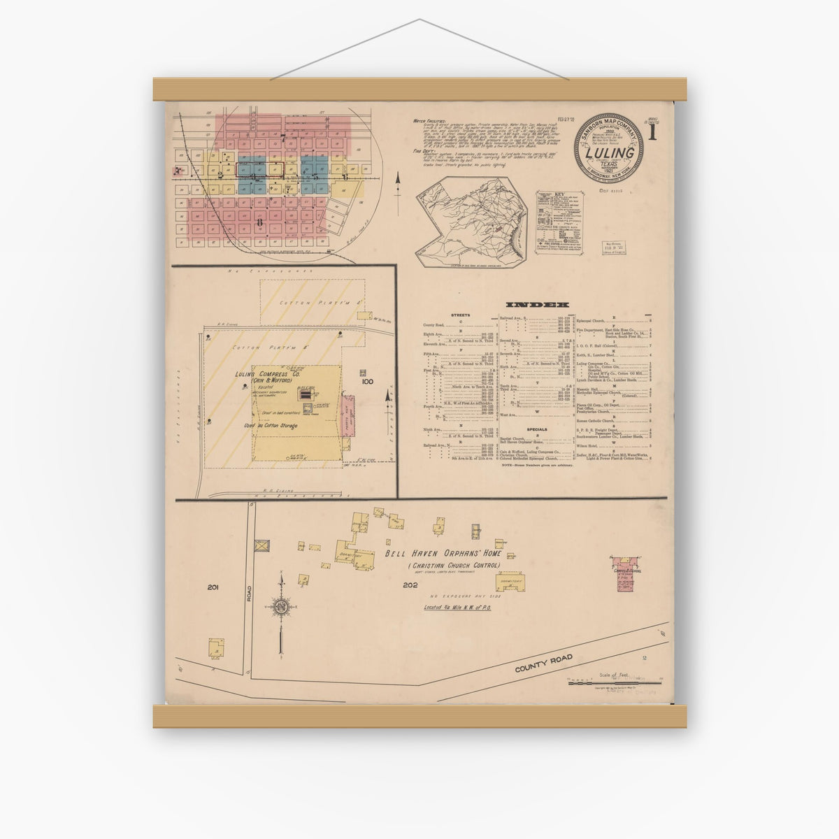 Old map wall art mockup — magnetic wood frame on white wall — Sanborn Fire Insurance Map from Luling, Caldwell County, Texas (1921) - Complete Map Set