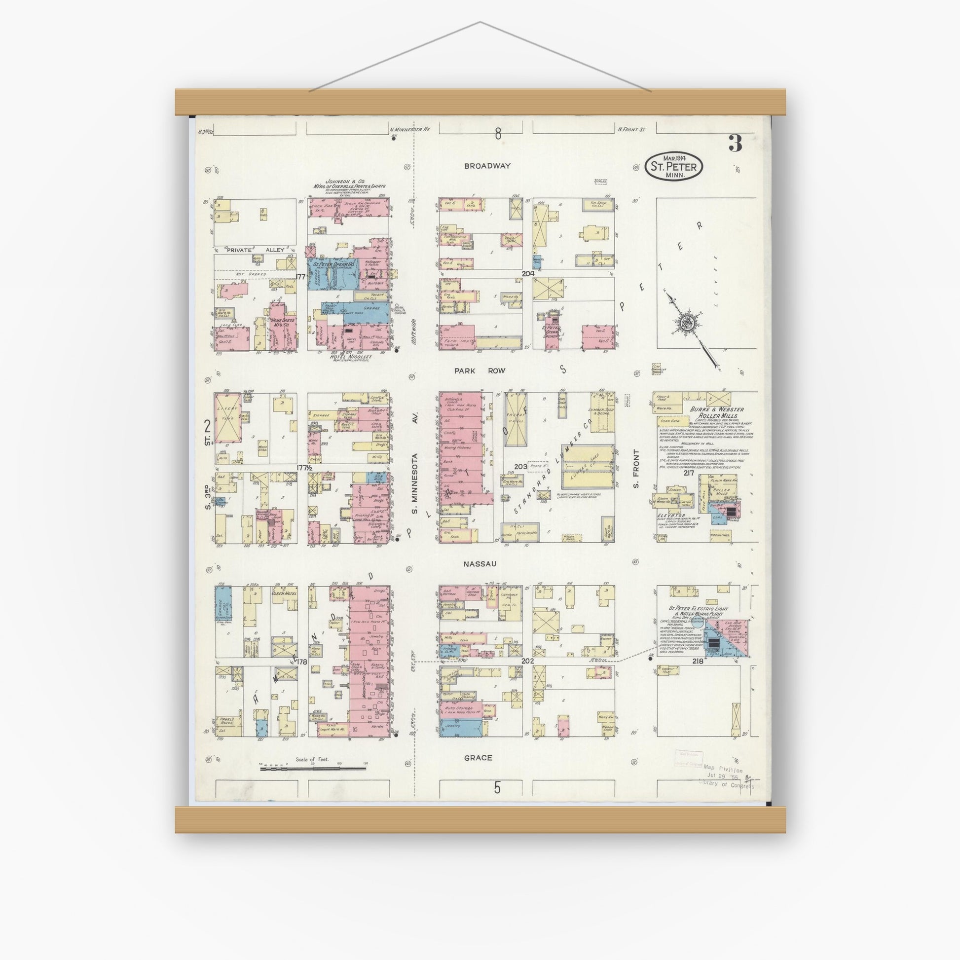 Old map wall art mockup — magnetic wood frame on white wall — Sanborn Fire Insurance Map from Saint Peter, Nicollet County, Minnesota (1914), Sheet #0003