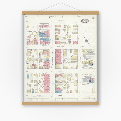 Old map wall art mockup — magnetic wood frame on white wall — Sanborn Fire Insurance Map from Saint Peter, Nicollet County, Minnesota (1914), Sheet #0003