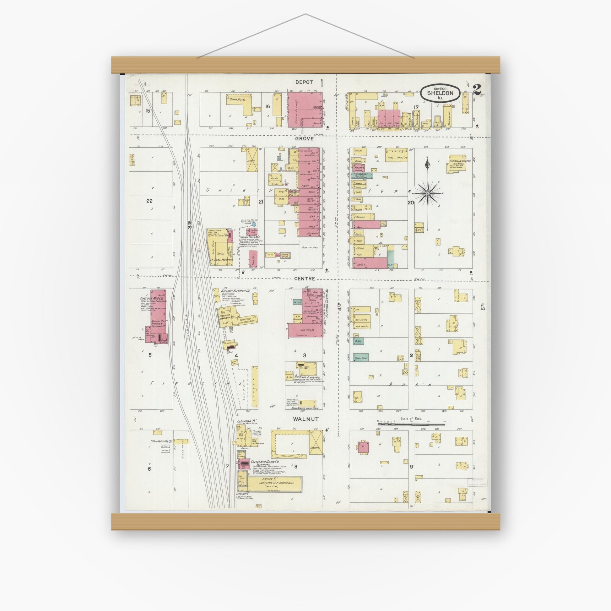 Old map wall art mockup — magnetic wood frame on white wall — Sanborn Fire Insurance Map from Sheldon, Iroquois County, Illinois (1900), Sheet #0002